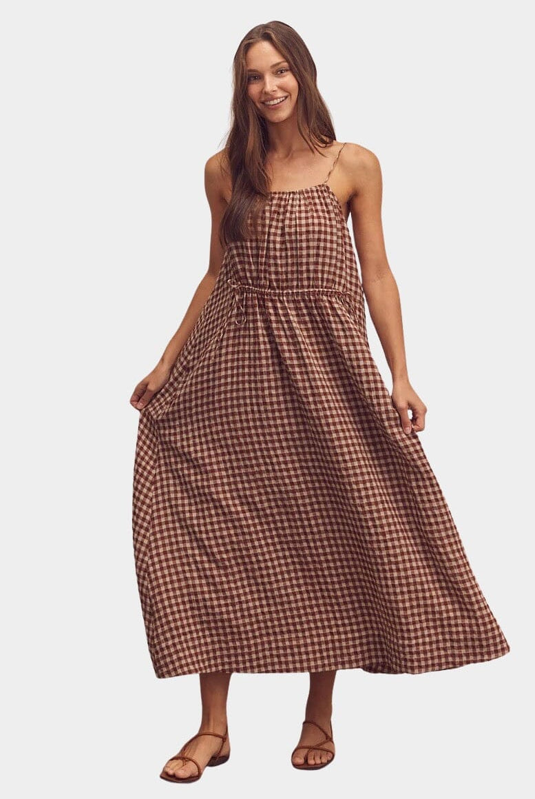 Amente | Front Shirring Gingham Cami Dress In Brick - SHOP YUCCA Dresses AMENTE - YUCCA, artistic clothing for women, Women’s clothing store Denver, boutique stores near me, capsule wardrobe, women’s elevated basics.