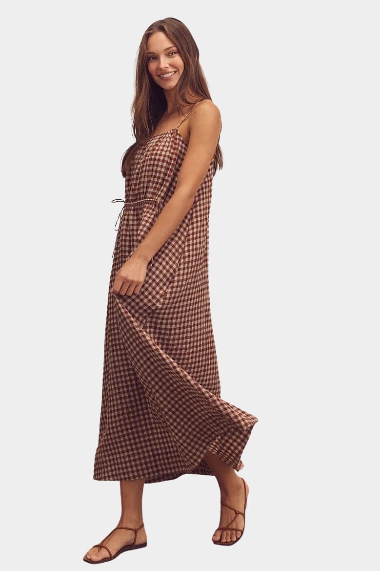 Amente | Front Shirring Gingham Cami Dress In Brick - SHOP YUCCA Dresses AMENTE - YUCCA, artistic clothing for women, Women’s clothing store Denver, boutique stores near me, capsule wardrobe, women’s elevated basics.