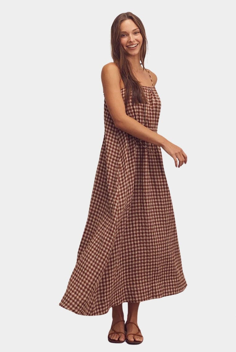 Amente | Front Shirring Gingham Cami Dress In Brick - SHOP YUCCA Dresses AMENTE - YUCCA, artistic clothing for women, Women’s clothing store Denver, boutique stores near me, capsule wardrobe, women’s elevated basics.