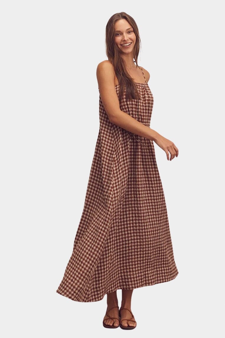 Amente | Front Shirring Gingham Cami Dress In Brick - SHOP YUCCA Dresses AMENTE - YUCCA, artistic clothing for women, Women’s clothing store Denver, boutique stores near me, capsule wardrobe, women’s elevated basics.