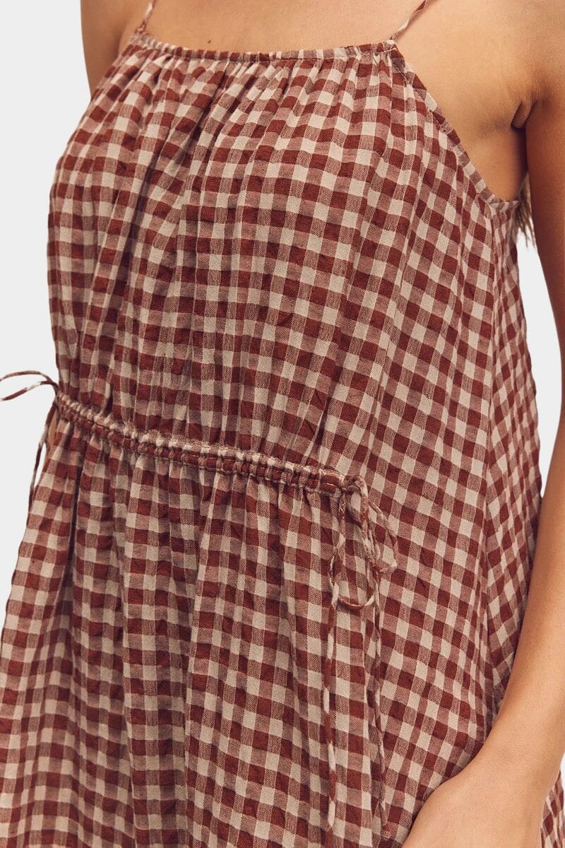Amente | Front Shirring Gingham Cami Dress In Brick - SHOP YUCCA Dresses AMENTE - YUCCA, artistic clothing for women, Women’s clothing store Denver, boutique stores near me, capsule wardrobe, women’s elevated basics.