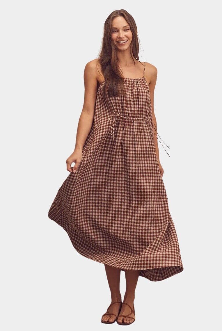 Amente | Front Shirring Gingham Cami Dress In Brick - SHOP YUCCA Dresses AMENTE - YUCCA, artistic clothing for women, Women’s clothing store Denver, boutique stores near me, capsule wardrobe, women’s elevated basics.