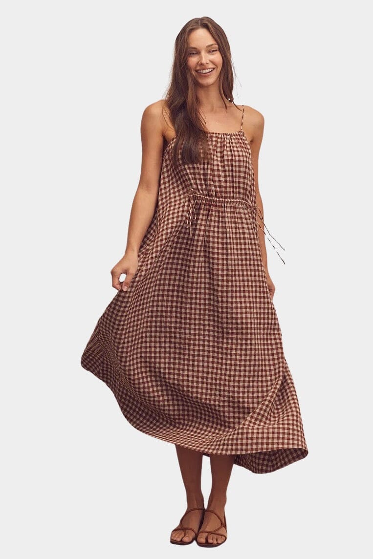 Amente | Front Shirring Gingham Cami Dress In Brick - SHOP YUCCA Dresses AMENTE - YUCCA, artistic clothing for women, Women’s clothing store Denver, boutique stores near me, capsule wardrobe, women’s elevated basics.