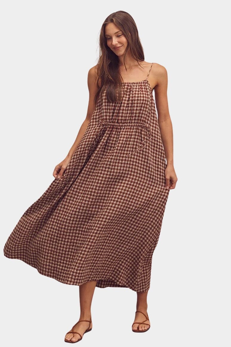 Amente | Front Shirring Gingham Cami Dress In Brick - SHOP YUCCA Dresses AMENTE - YUCCA, artistic clothing for women, Women’s clothing store Denver, boutique stores near me, capsule wardrobe, women’s elevated basics.