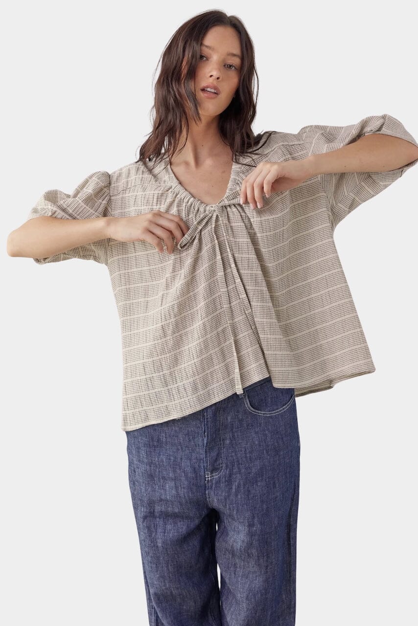 Amente | Front Tie Blouse In Natural Stripe - SHOP YUCCA Shirts & Tops AMENTE - YUCCA Yucca store Denver, women’s clothing boutique near me, high quality capsule wardrobe, boutiques near me, women’s high quality tops.