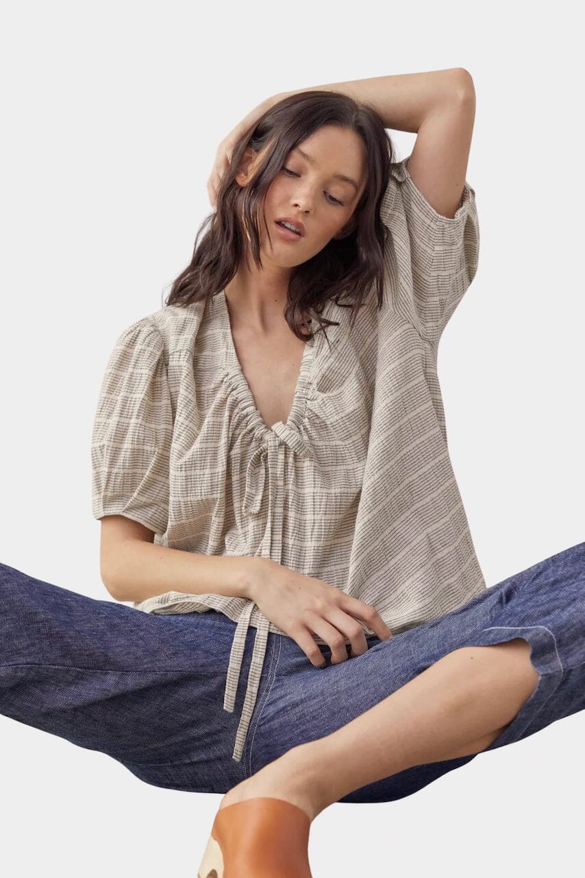 Amente | Front Tie Blouse In Natural Stripe - SHOP YUCCA Shirts & Tops AMENTE - YUCCA Yucca store Denver, women’s clothing boutique near me, high quality capsule wardrobe, boutiques near me, women’s high quality tops.