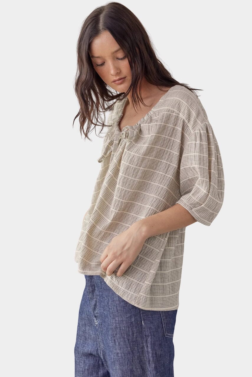 Amente | Front Tie Blouse In Natural Stripe - SHOP YUCCA Shirts & Tops AMENTE - YUCCA Yucca store Denver, women’s clothing boutique near me, high quality capsule wardrobe, boutiques near me, women’s high quality tops.