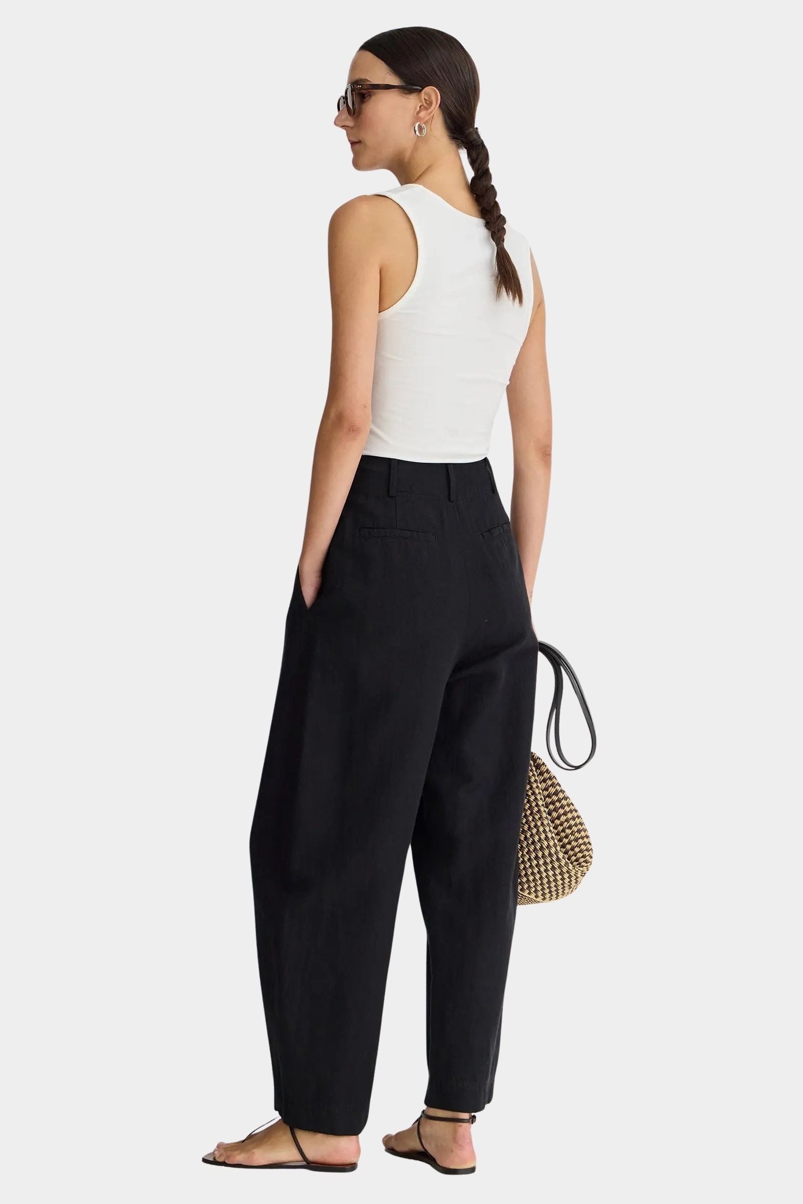 Apiece Apart Bari Crop Trouser black cropped linen cotton wide leg trousers back view