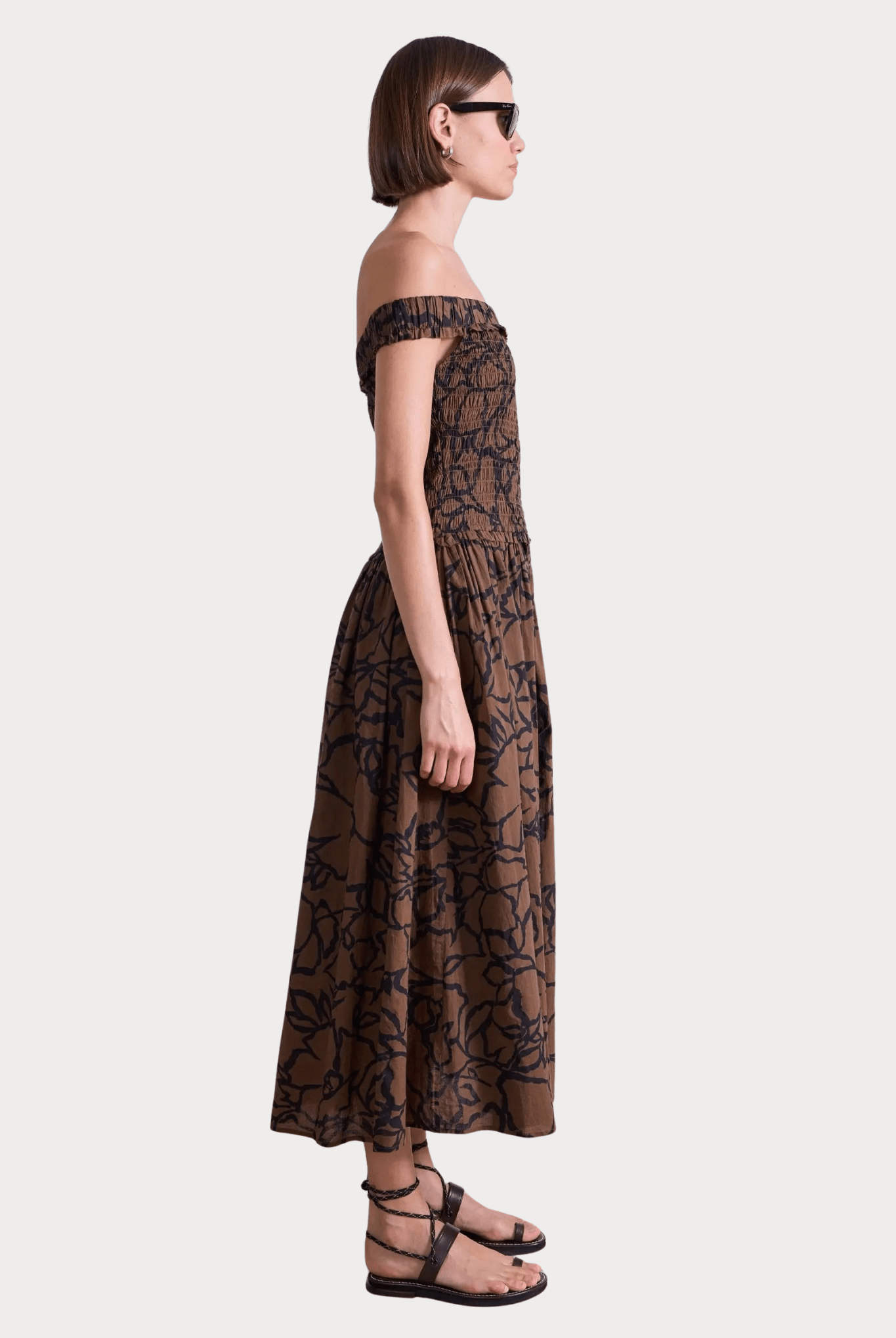 Apiece Apart - Britt Off-Shoulder Maxi - Floral Chocolate - Dress - YUCCA, artistic clothing for women, capsule wardrobe.
