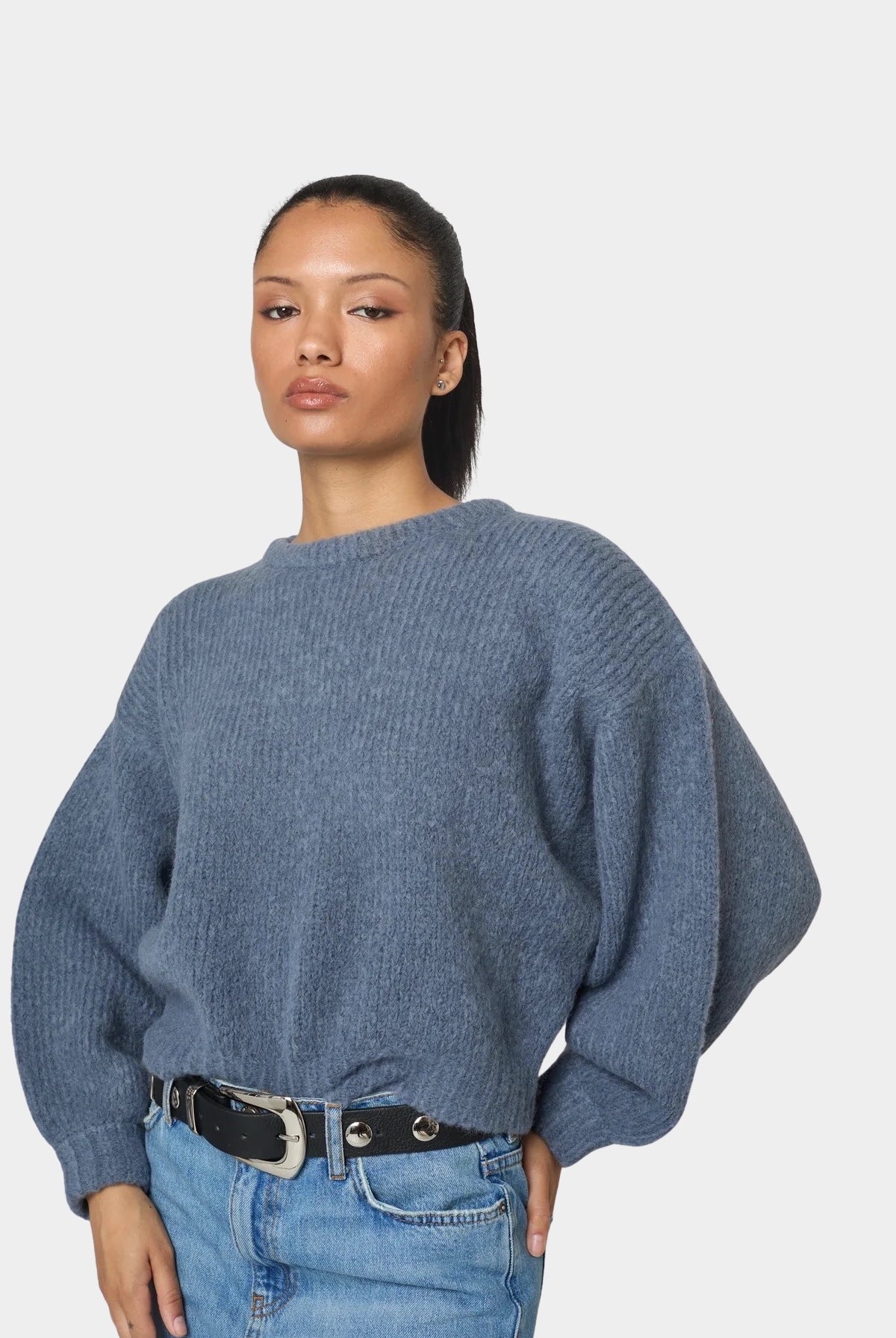 Atelier Delphine - Balloon Sleeve Sweater - Washed Denim - Sweaters & Knitwear - YUCCA, women's high quality sweaters.