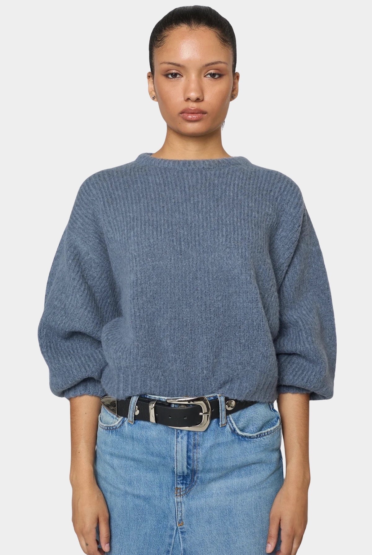 Atelier Delphine - Balloon Sleeve Sweater - Washed Denim - Sweaters & Knitwear - YUCCA, women's high quality sweaters.