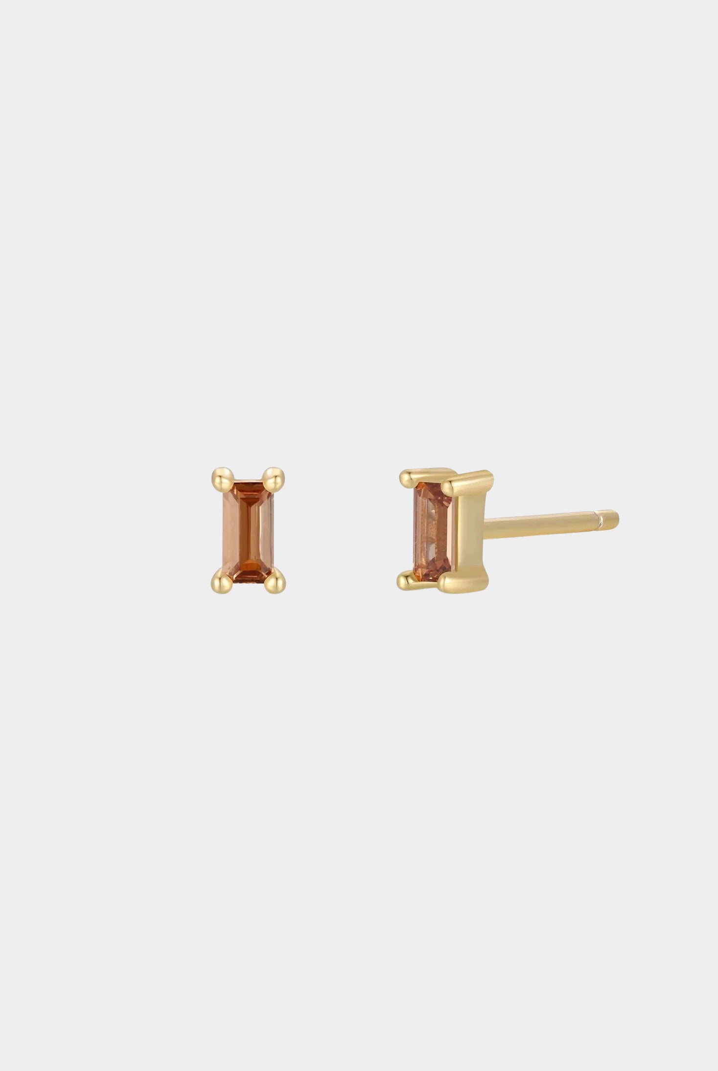 Earrings - YUCCA, coffee colored baguette CZ stud earrings with gold plating and sterling silver posts.
