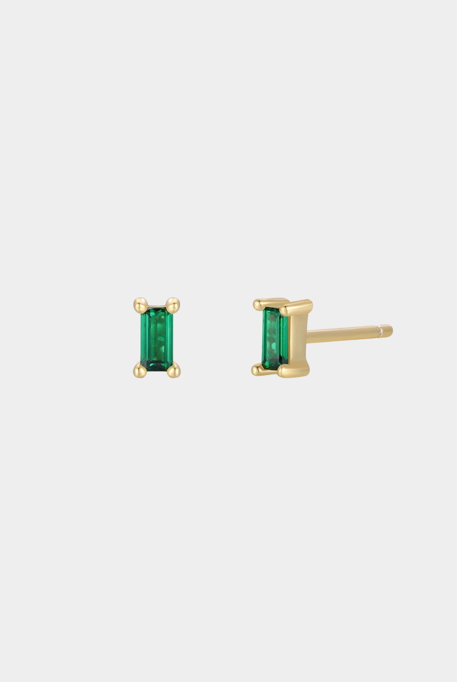 Earrings - YUCCA, emerald colored baguette stud earrings with gold plating and sterling silver posts.