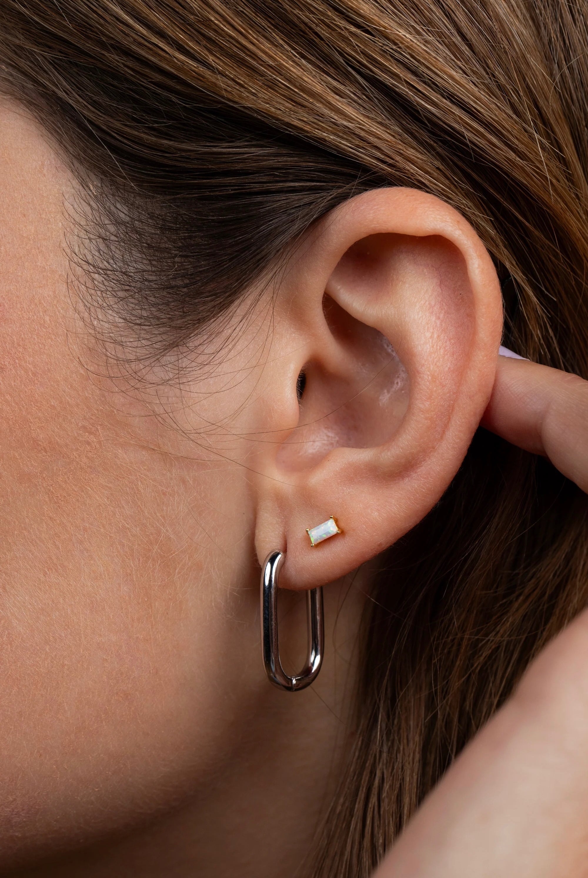 Earrings - YUCCA, white opal baguette stud earrings with gold plating and sterling silver posts, subtle everyday studs.