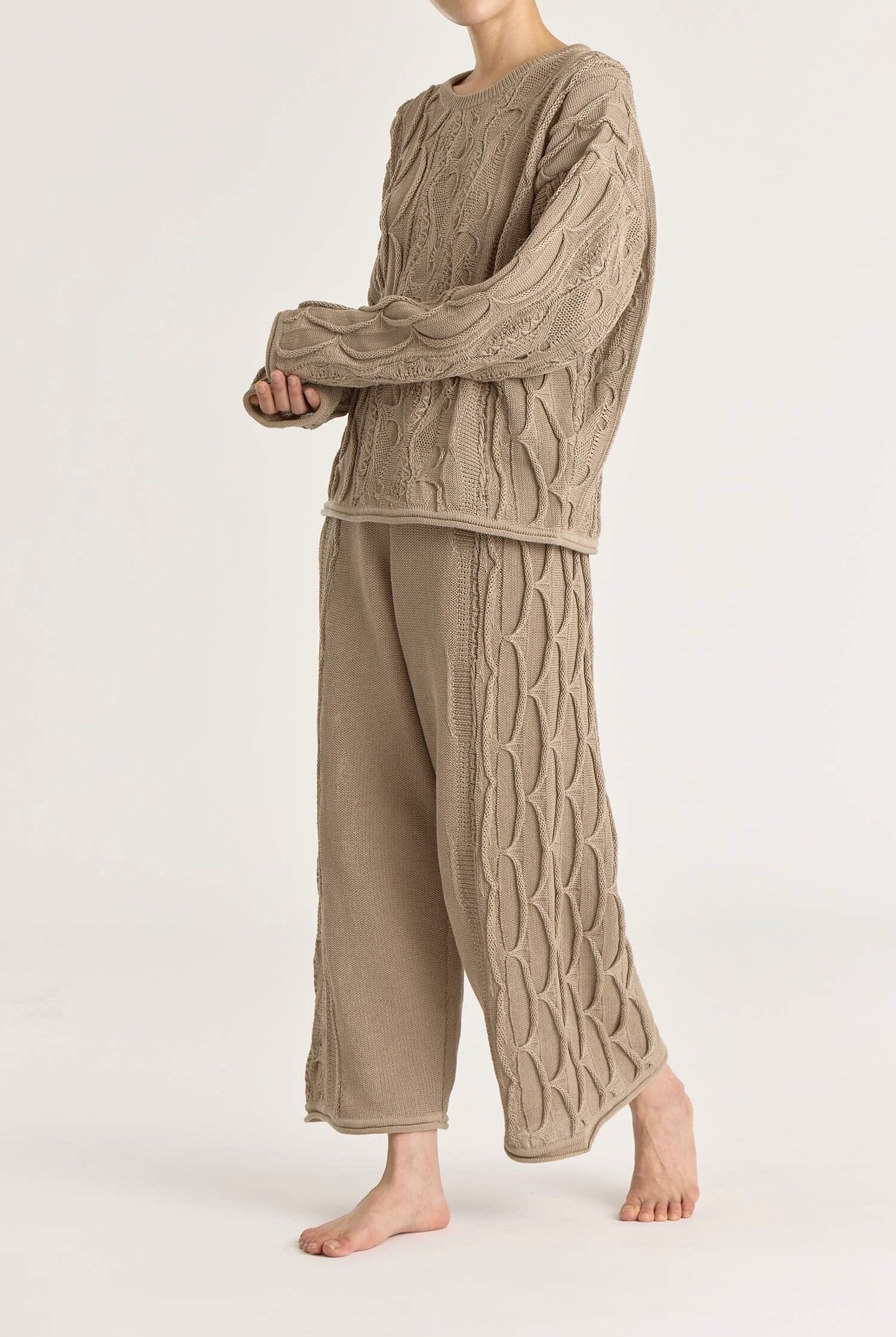 Black Crane - Cable Knit Pants - Taupe - Pants - YUCCA, women’s elevated pants, clothing boutiques near me.