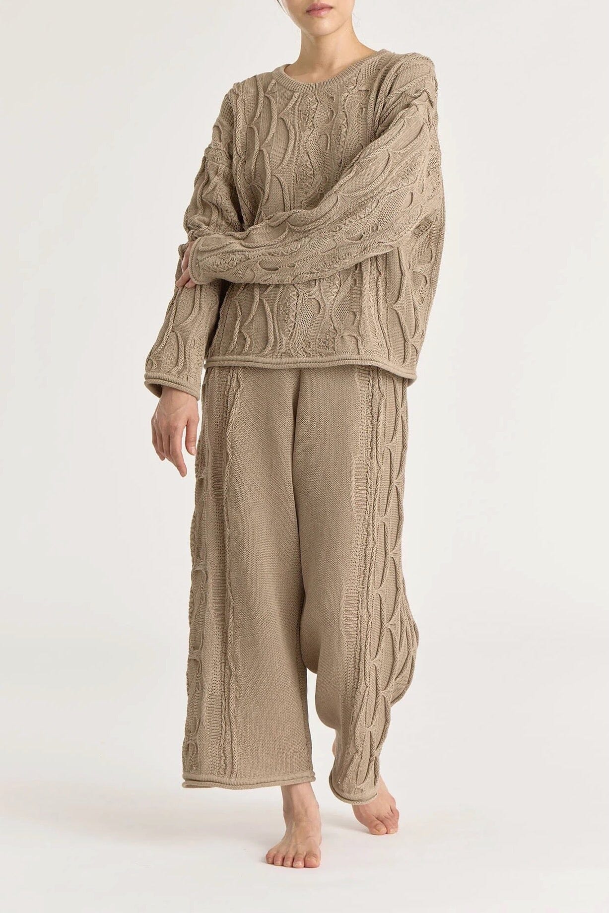 Black Crane | Cable Knit Pants In Taupe - SHOP YUCCA Shirts & Tops BLACK CRANE - YUCCA, Women’s clothing store Denver, women’s clothing website, women’s elevated pants, clothing boutiques near me, women’s elevated trousers.