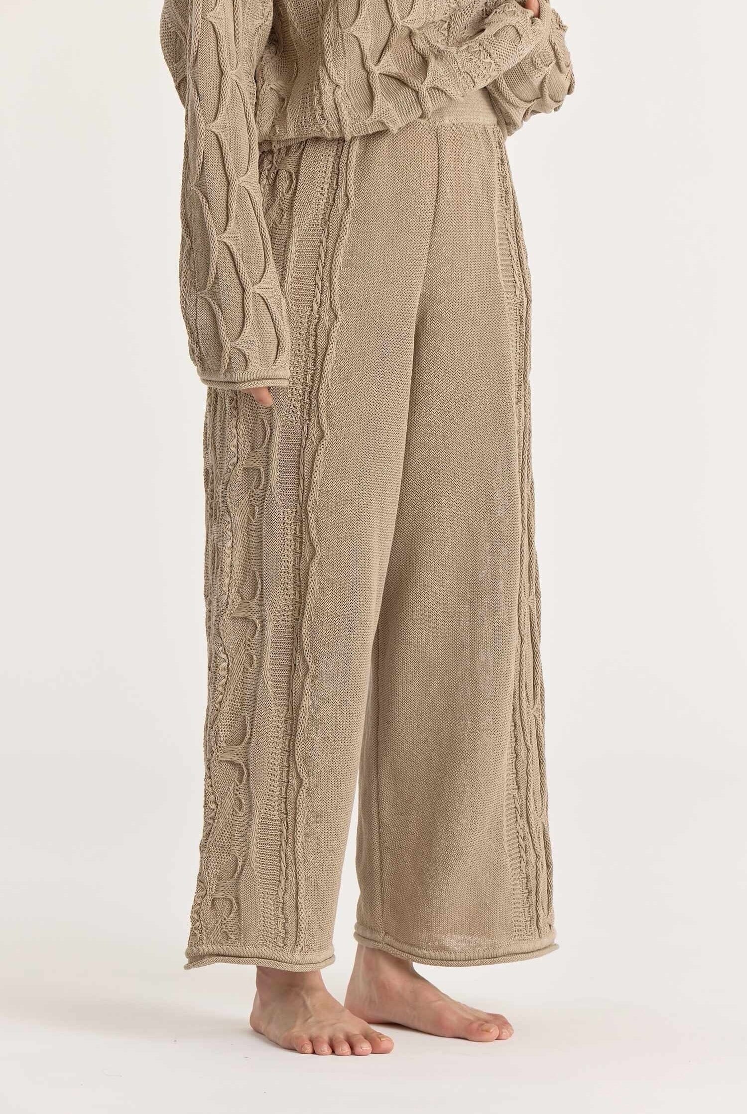 Black Crane - Cable Knit Pants - Taupe - Pants - YUCCA, women’s elevated pants, clothing boutiques near me.