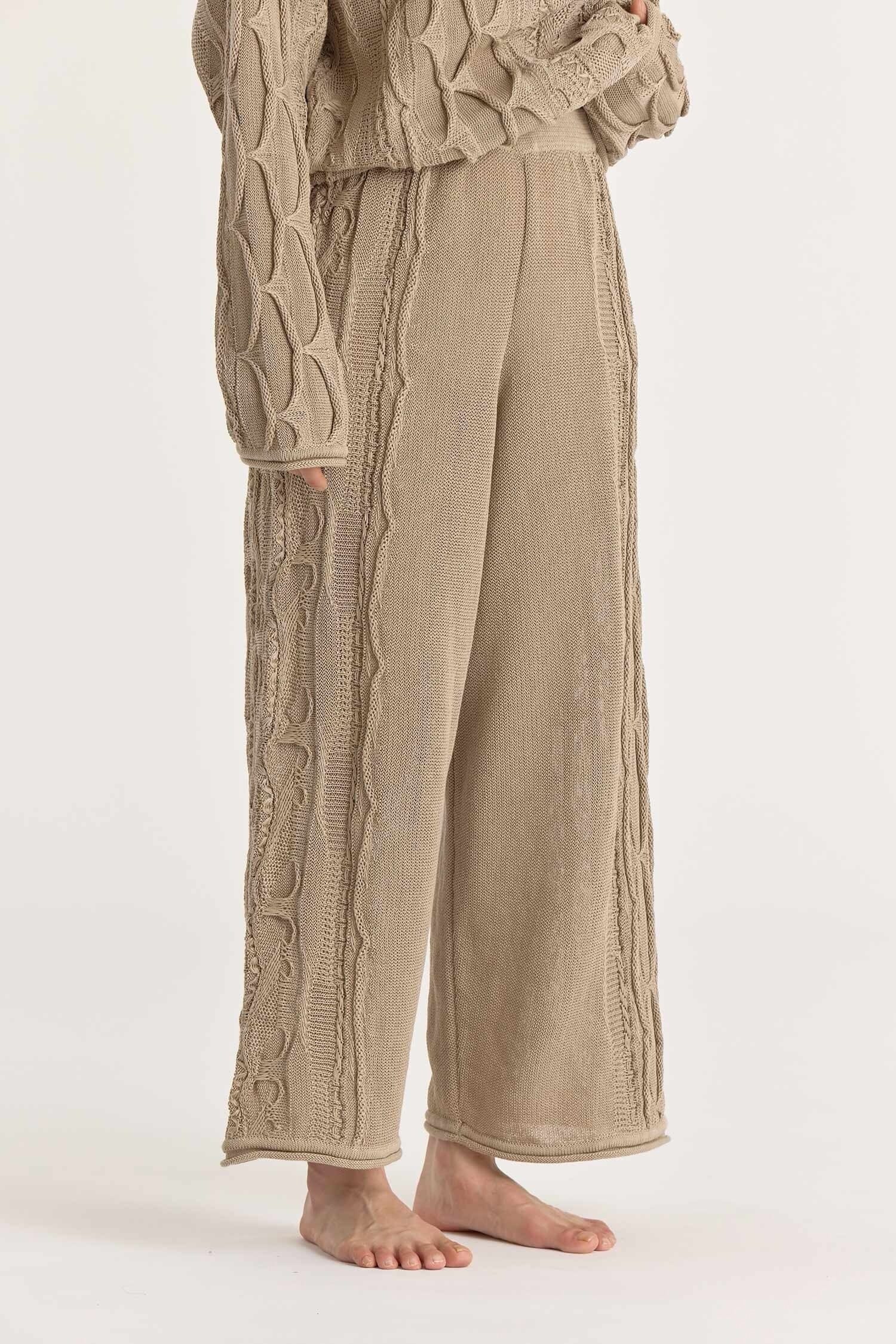 Black Crane | Cable Knit Pants In Taupe - SHOP YUCCA Shirts & Tops BLACK CRANE - YUCCA, Women’s clothing store Denver, women’s clothing website, women’s elevated pants, clothing boutiques near me, women’s elevated trousers.