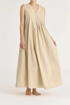 Black Crane | Pleated V Neck Dress In Oyster - SHOP YUCCA Dress BLACK CRANE - YUCCA, artistic clothing for women, Women’s clothing store Denver, boutique stores near me, capsule wardrobe, women’s elevated basics.