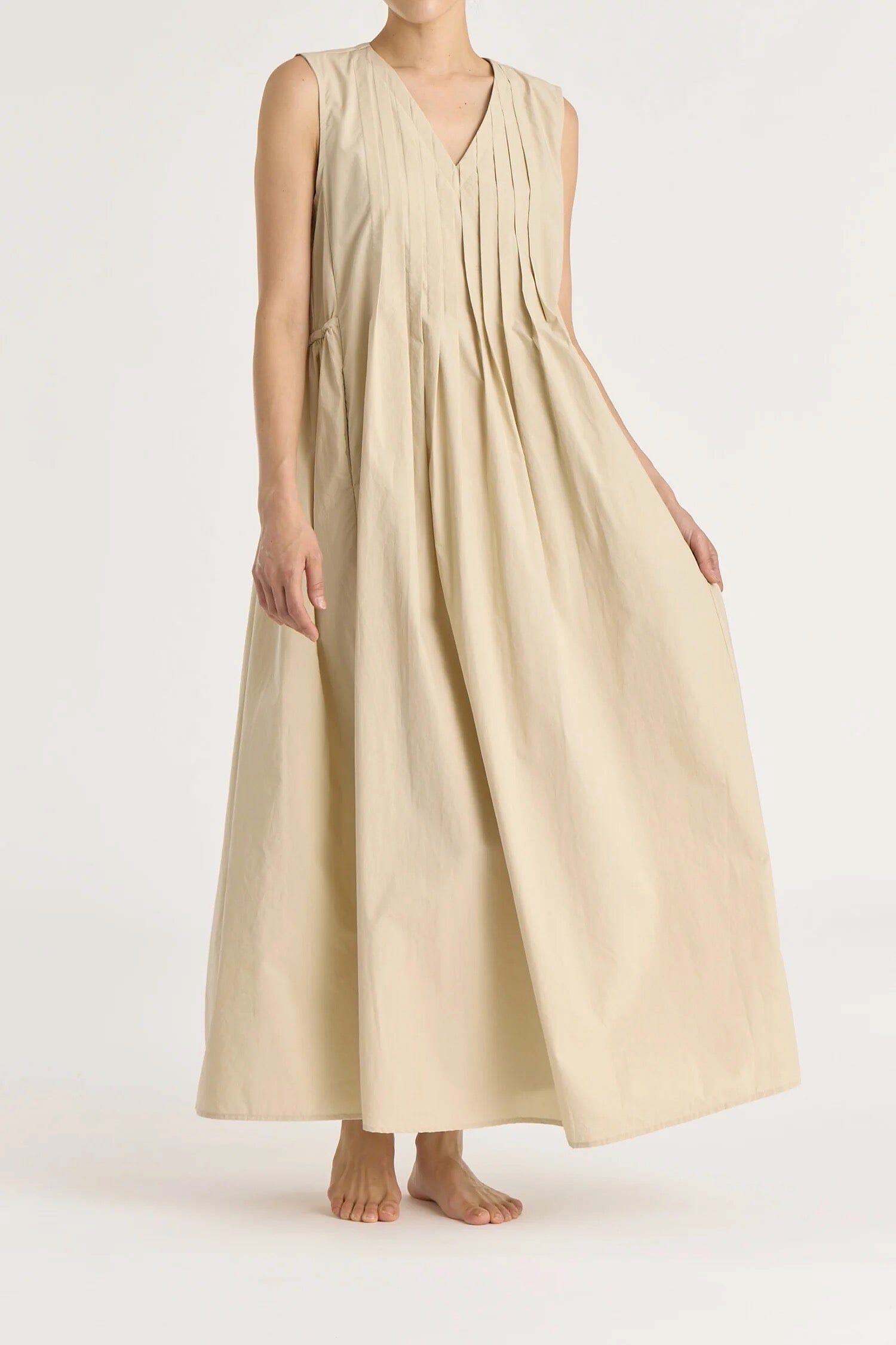 Black Crane | Pleated V Neck Dress In Oyster - SHOP YUCCA Dress BLACK CRANE - YUCCA, artistic clothing for women, Women’s clothing store Denver, boutique stores near me, capsule wardrobe, women’s elevated basics.