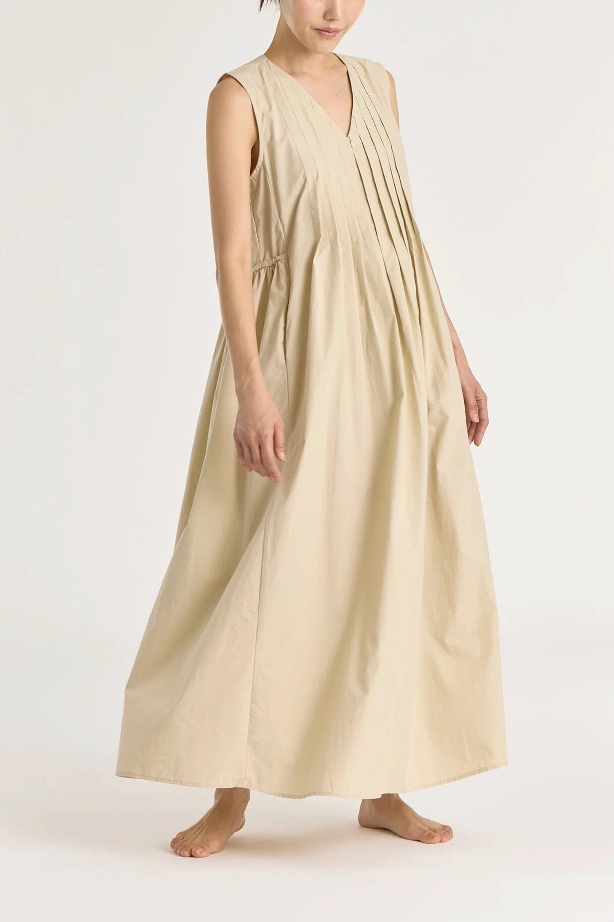 Black Crane | Pleated V Neck Dress In Oyster - SHOP YUCCA Dress BLACK CRANE - YUCCA, artistic clothing for women, Women’s clothing store Denver, boutique stores near me, capsule wardrobe, women’s elevated basics.