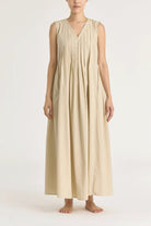 Black Crane | Pleated V Neck Dress In Oyster - SHOP YUCCA Dress BLACK CRANE - YUCCA, artistic clothing for women, Women’s clothing store Denver, boutique stores near me, capsule wardrobe, women’s elevated basics.
