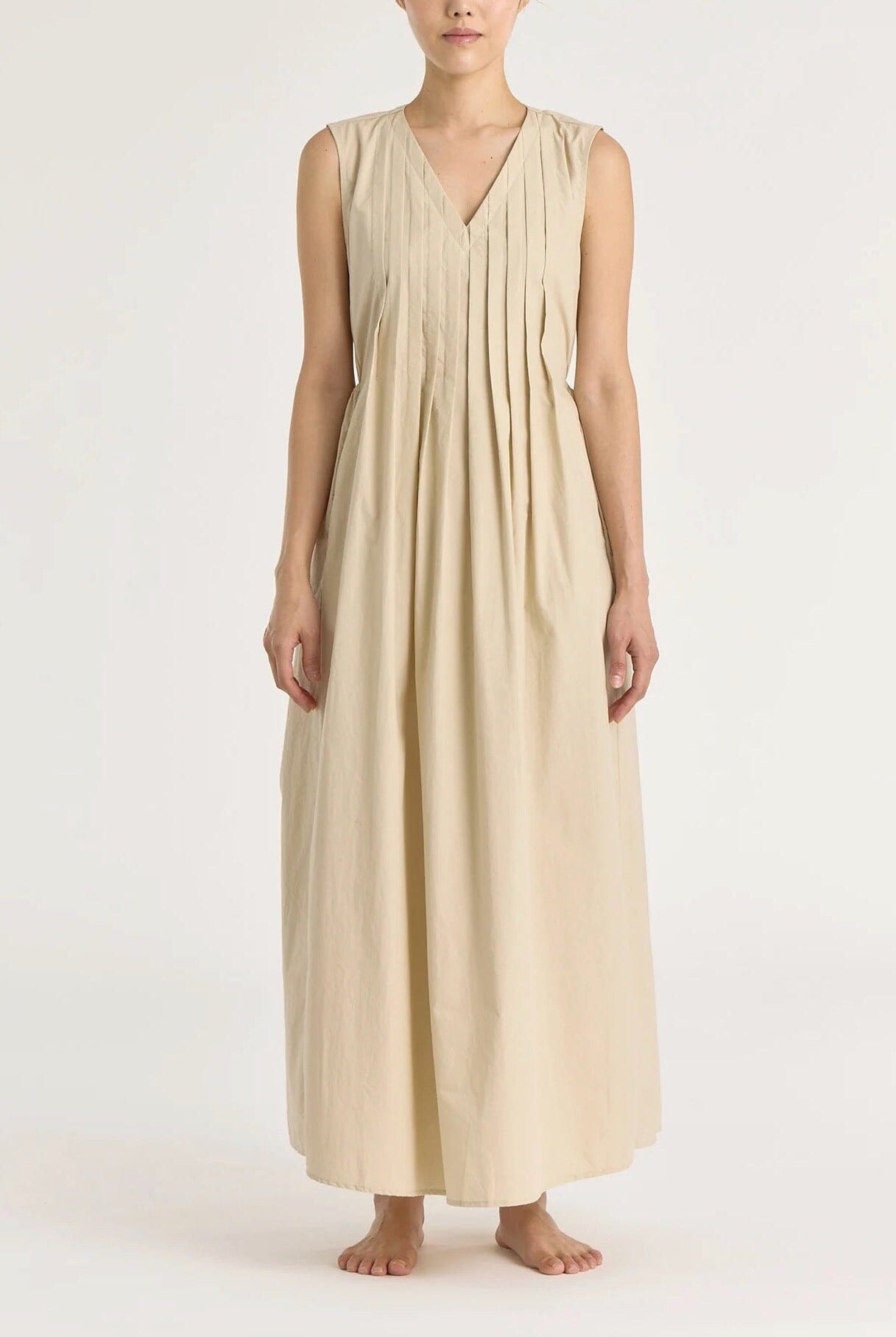 Black Crane - Pleated V Neck Dress - Oyster - Dress - YUCCA, artistic clothing for women, Women’s clothing store Denver.