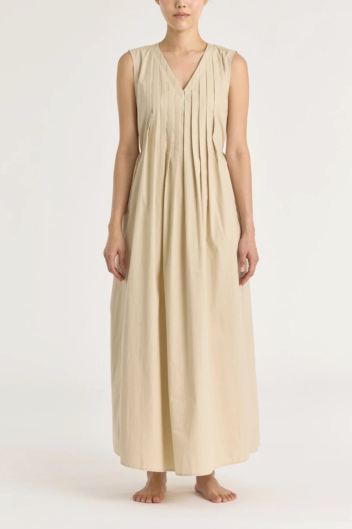 Black Crane | Pleated V Neck Dress In Oyster - SHOP YUCCA Dress BLACK CRANE - YUCCA, artistic clothing for women, Women’s clothing store Denver, boutique stores near me, capsule wardrobe, women’s elevated basics.