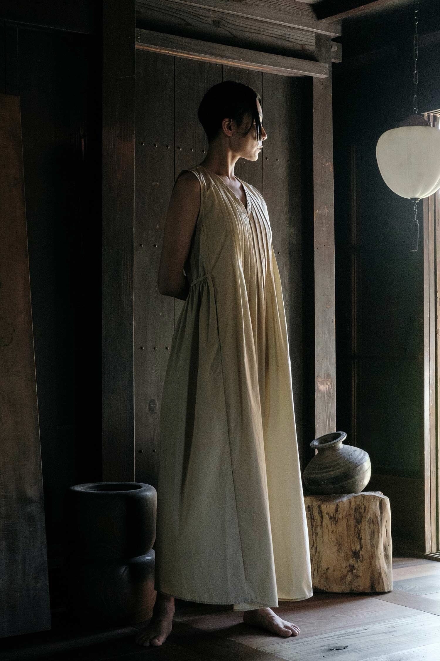 Black Crane | Pleated V Neck Dress In Oyster - SHOP YUCCA Dress BLACK CRANE - YUCCA, artistic clothing for women, Women’s clothing store Denver, boutique stores near me, capsule wardrobe, women’s elevated basics.
