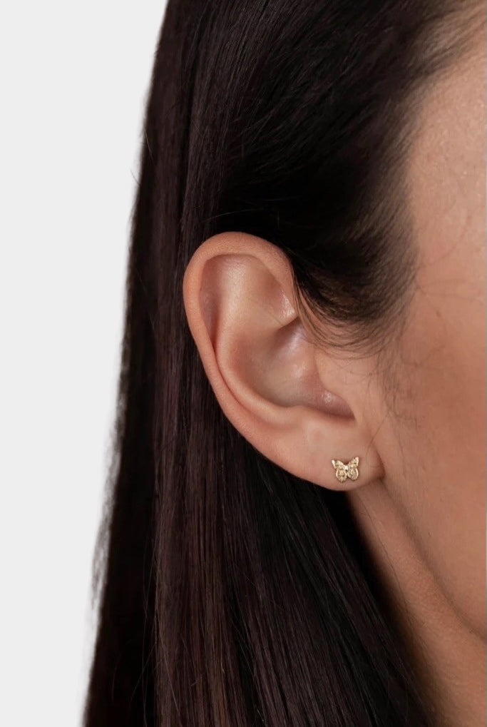 Earrings - YUCCA, Gold Butterfly Stud Earrings with softly etched detail and 18K gold plating, delicate everyday stud earrings.