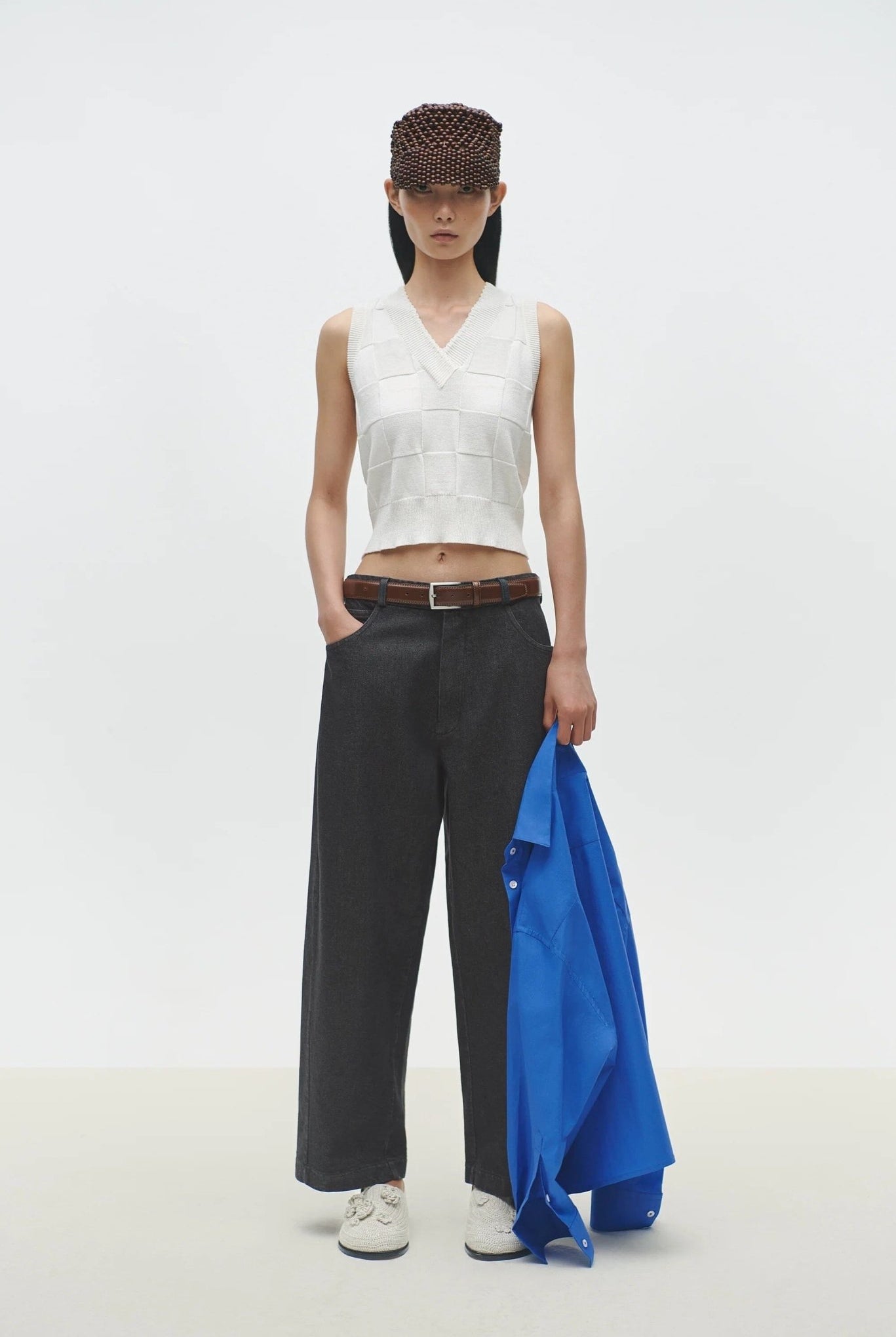 Cordera - Checkered Cotton & Cashmere Waistcoat - White - Shirts & Tops - YUCCA, Boutiques Denver, stylish tops for women.