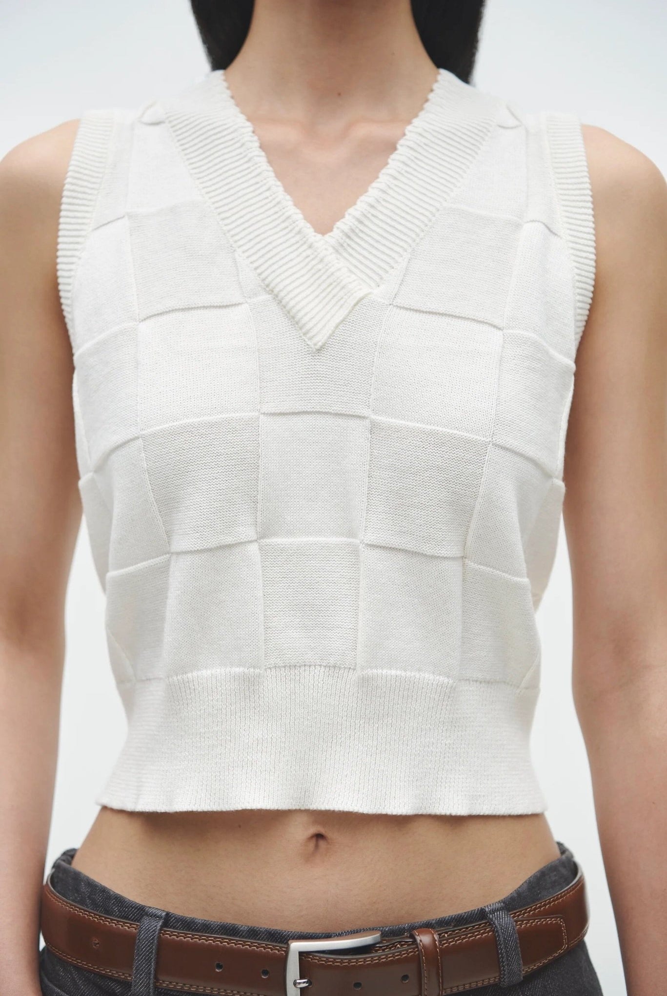 Cordera - Checkered Cotton & Cashmere Waistcoat - White - Shirts & Tops - YUCCA, Boutiques Denver, stylish tops for women.