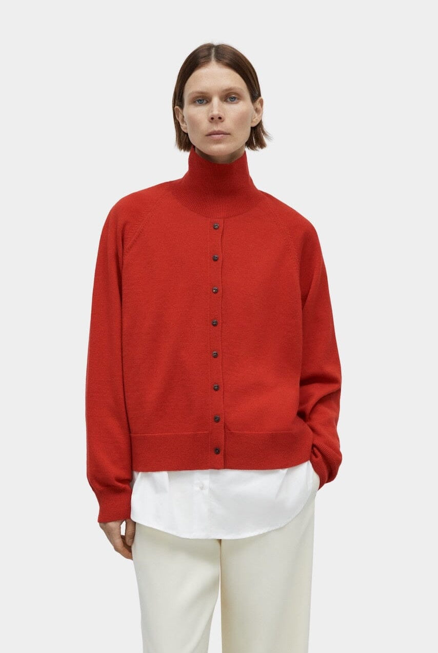 Cordera - Merino Wool Buttoned Sweater - Red - Knitwear - YUCCA, boutiques near me, women’s high quality sweaters.