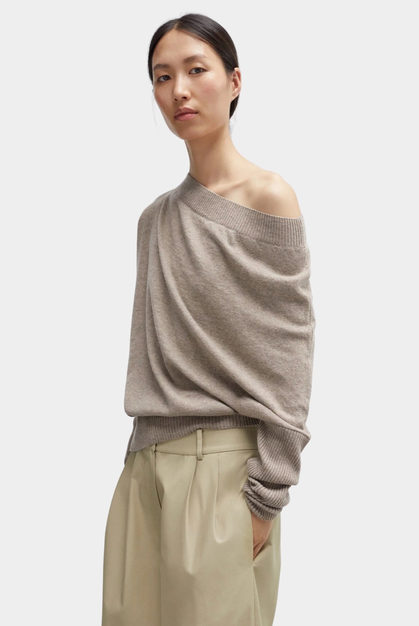 Cordera - Merino Wool Off Shoulder Sweater - Taupe - Sweaters & Knitwear - YUCCA, women’s clothing store Denver.