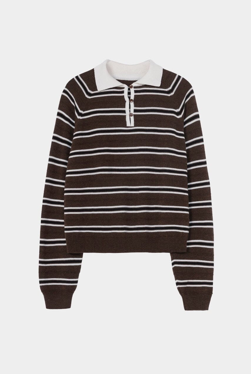 Cordera - Merino Wool Striped Polo - Brown - Shirts & Tops - YUCCA, boutiques near me, women’s high quality sweaters.