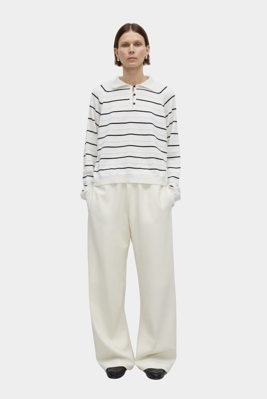 CORDERA - Merino Wool Striped Polo - White - Tops & Tees - YUCCA, boutiques near me, women’s high quality sweaters.