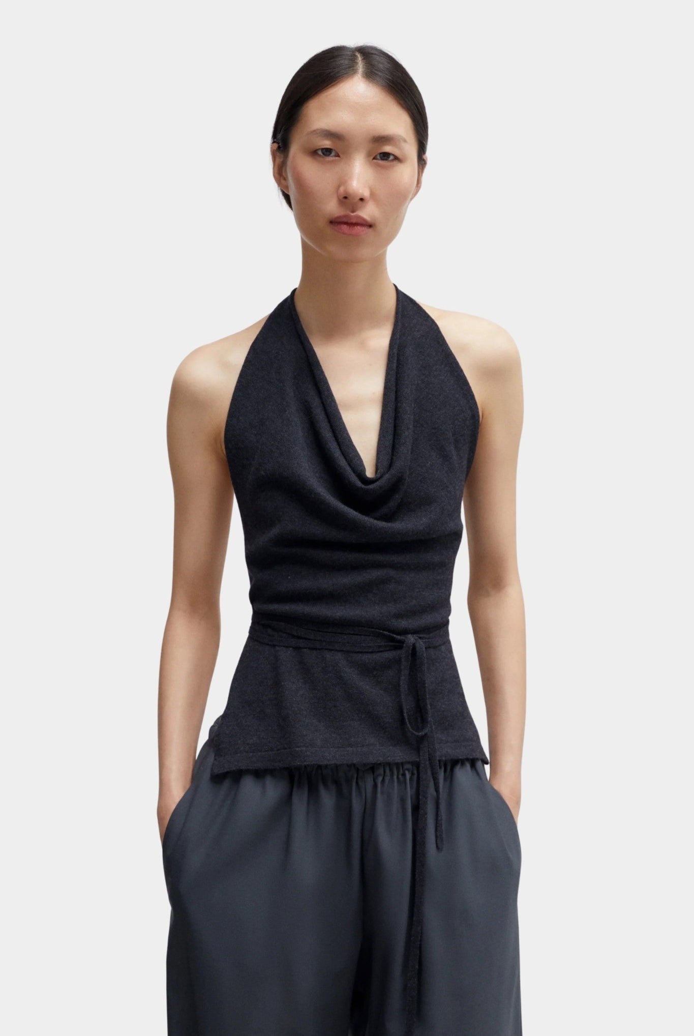 Cordera - Merino Wool Tie Top - Anthracite - Shirts & Tops - YUCCA, chic outfits for women, women’s clothing store Denver.