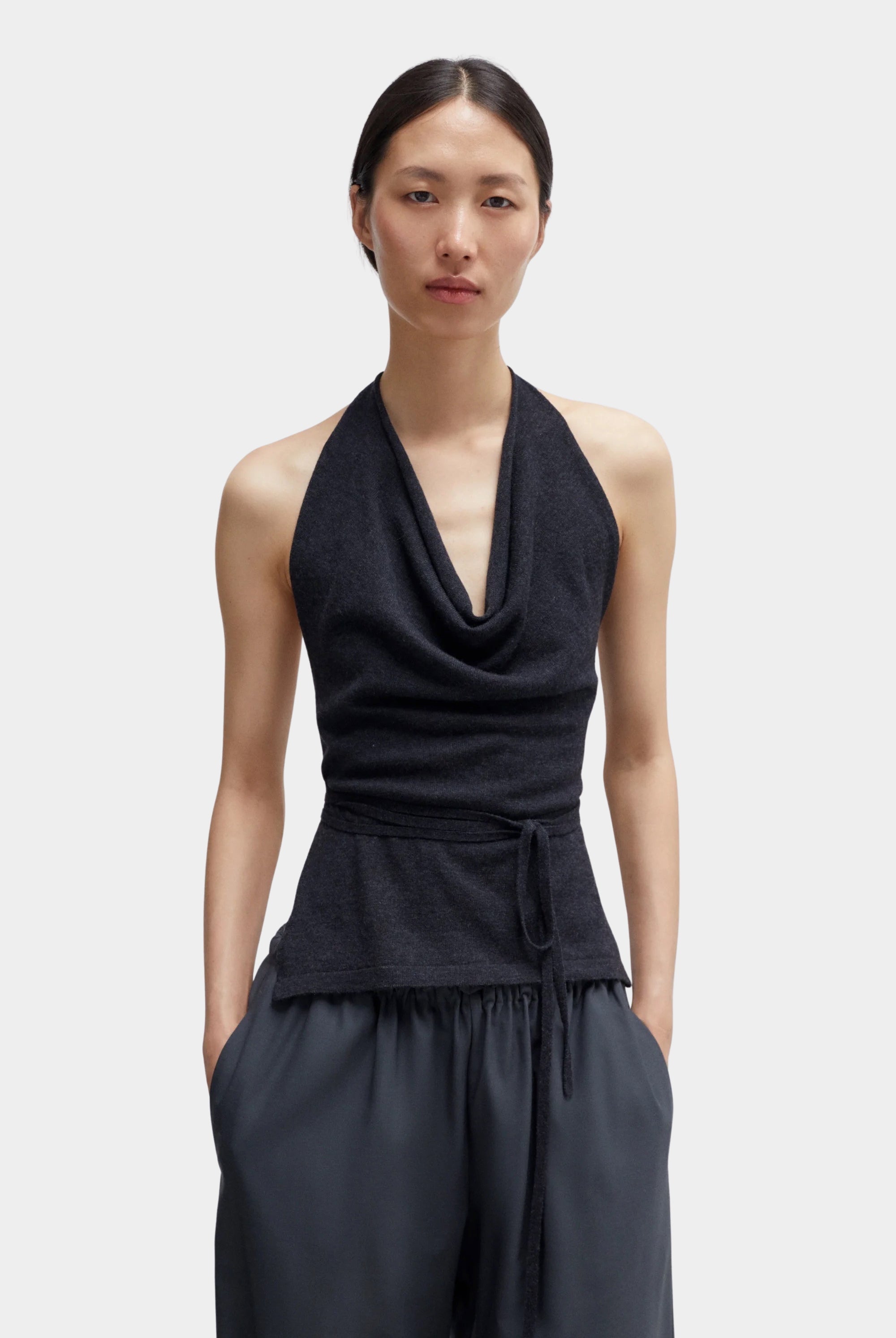 Cordera - Merino Wool Tie Top - Anthracite - Shirts & Tops - YUCCA, chic outfits for women, women’s clothing store Denver.