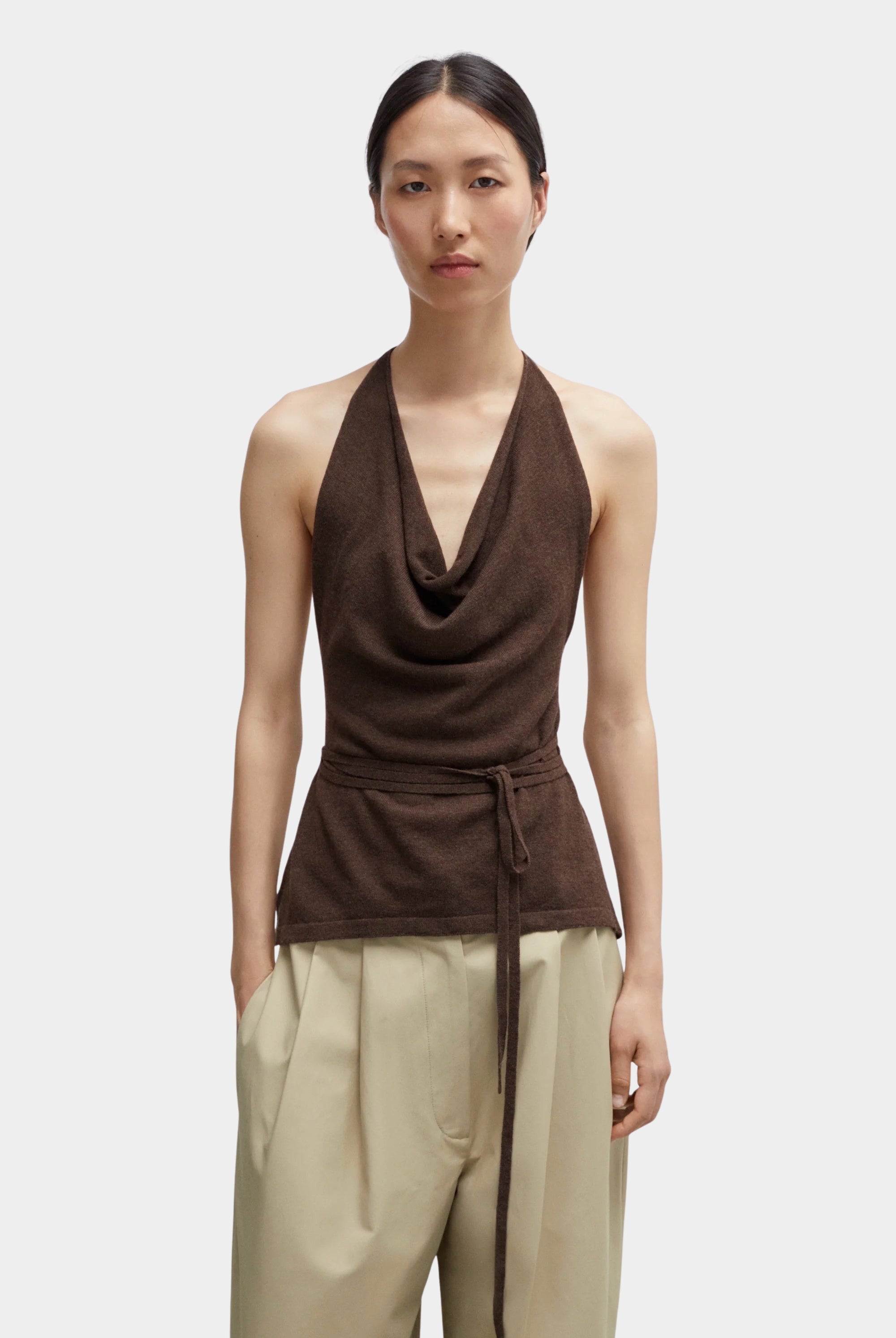 Cordera - Merino Wool Tie Top - Brown - Shirts & Tops - YUCCA, chic outfits for women, women’s clothing store Denver.