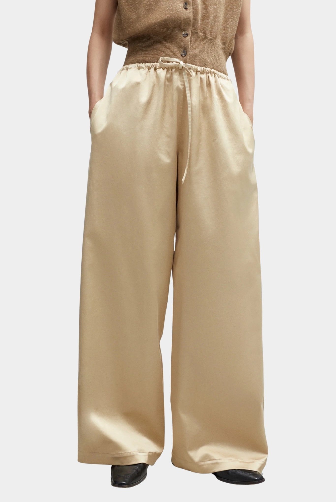Cordera - Satin Drawstring Pants - Champagne - Pants - YUCCA, chic outfits for women, women’s clothing store Denver.