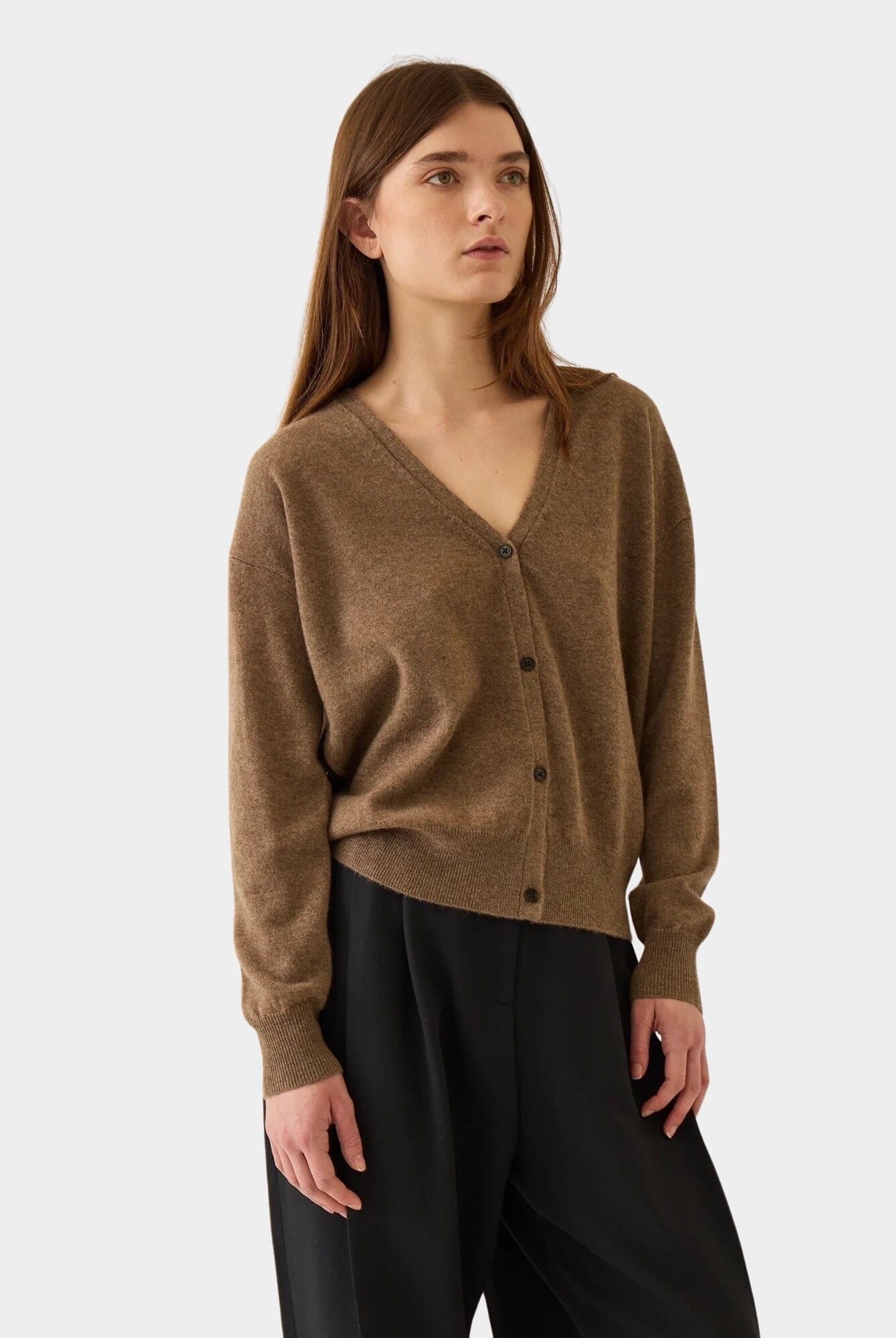 Demylee - Abigail Cashmere Cardigan - Beige/Espresso - Knitwear - YUCCA, artistic clothing for women, boutique store near me.