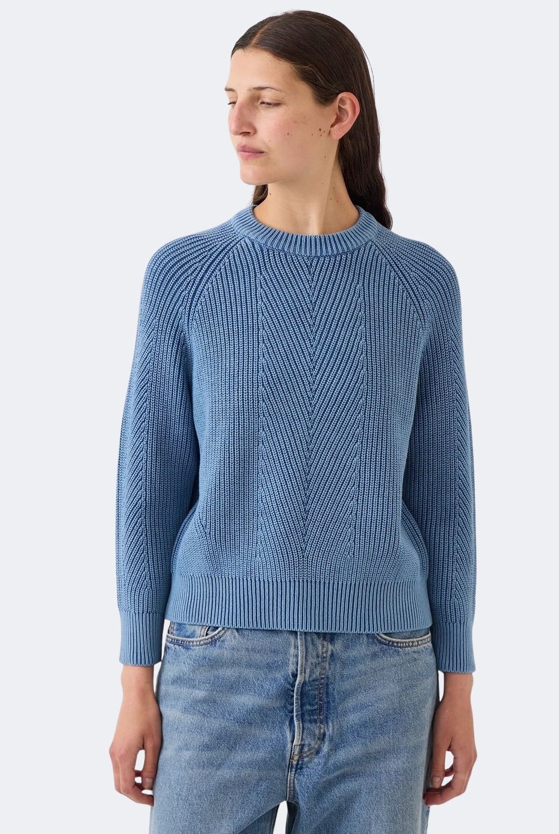 Model wearing DEMYLEE Chelsea denim washed cotton sweater with relaxed fit and bracelet sleev