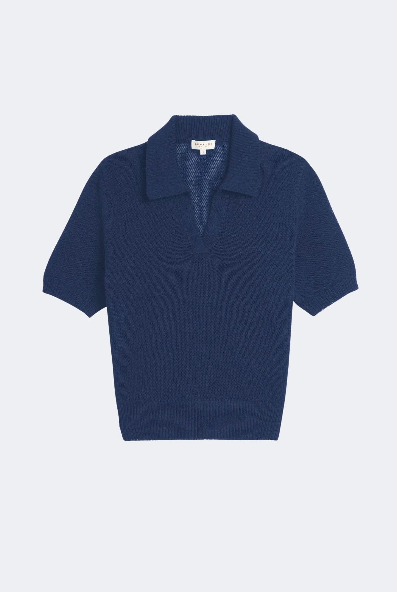 DEMYLEE Cris cotton linen polo sweater in indigo with short sleeves, open collar, and ribbed hem