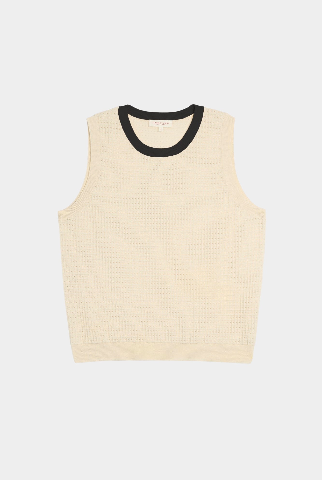 DEMYLEE Issa waffle pointelle cotton sleeveless top in ecru with black neckline laid flat