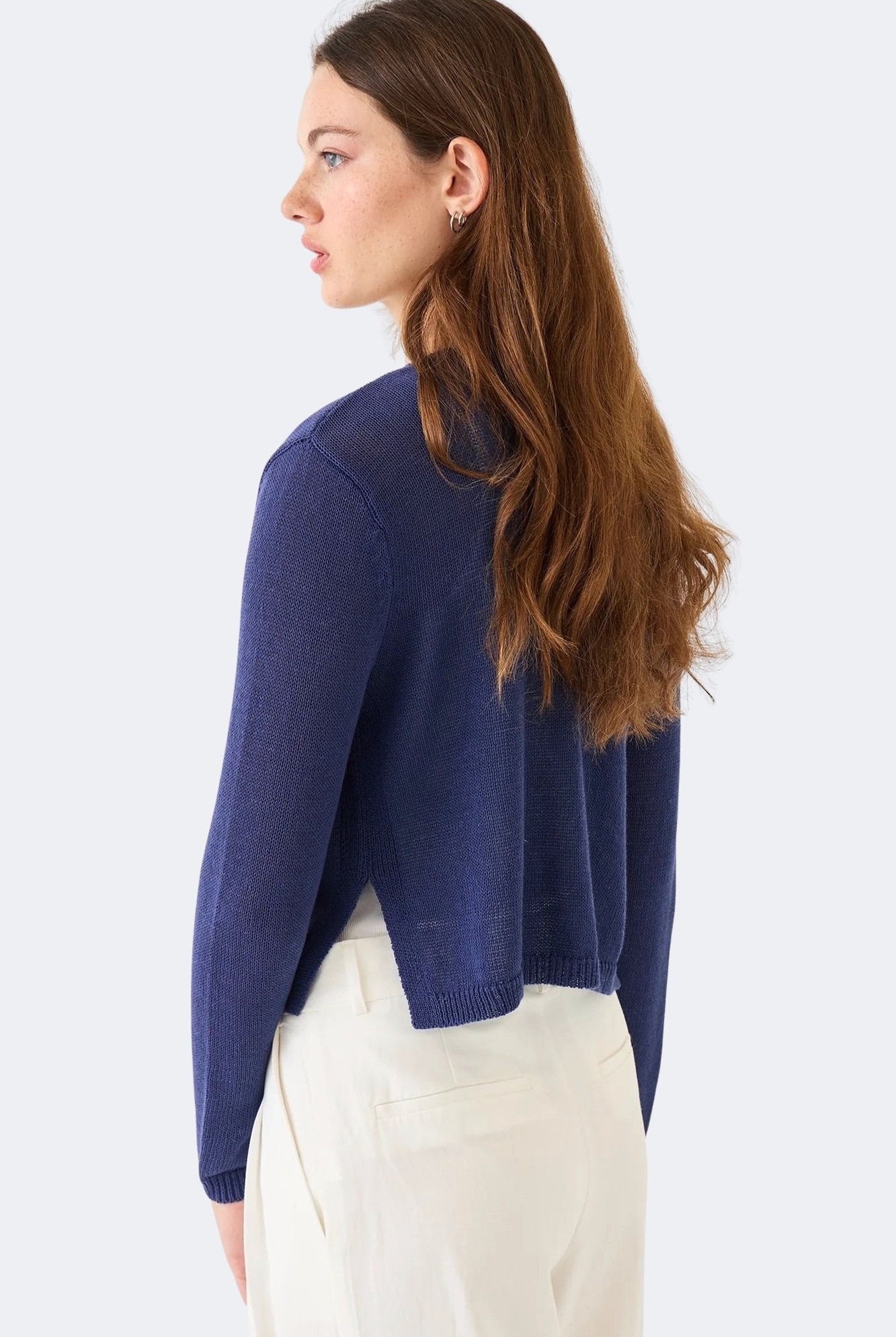DEMYLEE Josie Cotton Linen Cardigan in Indigo slightly cropped silhouette back view