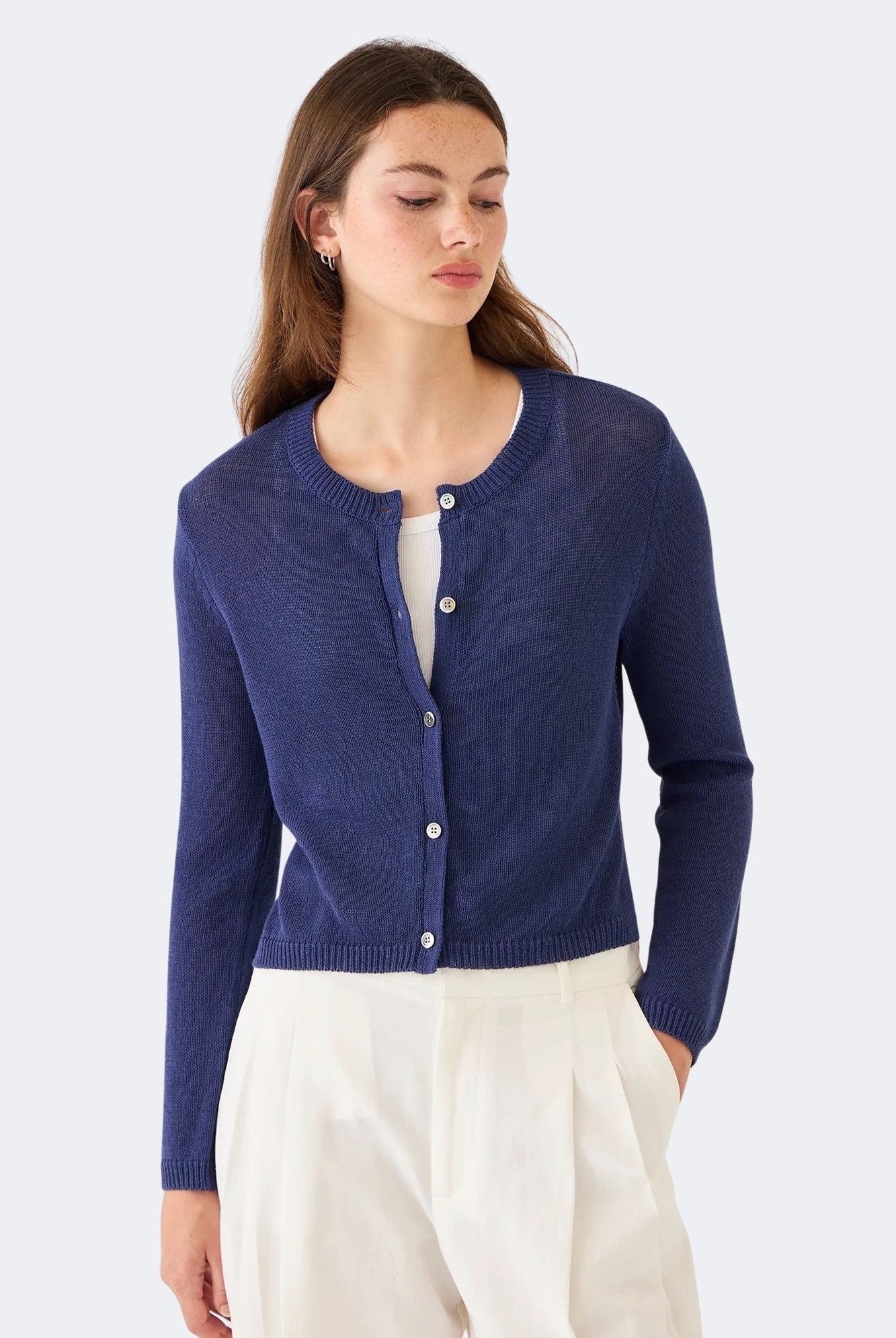 DEMYLEE Josie Cotton Linen Cardigan in Indigo slim fit lightweight knit worn front view