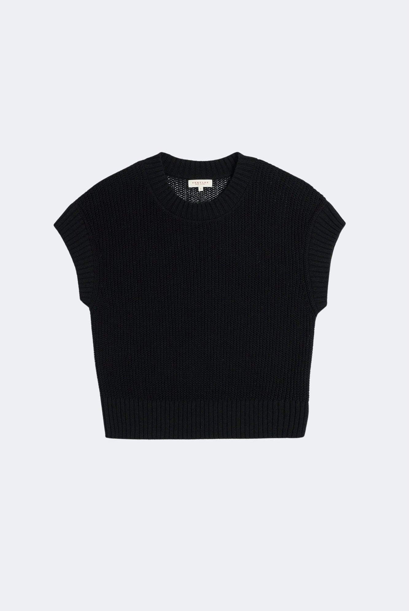 DEMYLEE Marlowe cotton linen knit top in black with open weave texture and ribbed trim