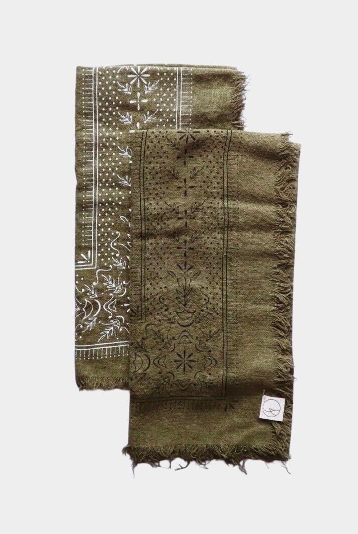 Eco Raw Studio - Raw Silk Bandana - Olive Green x White Ink - YUCCA, artistic accessories, boutique near me, shop local denver.