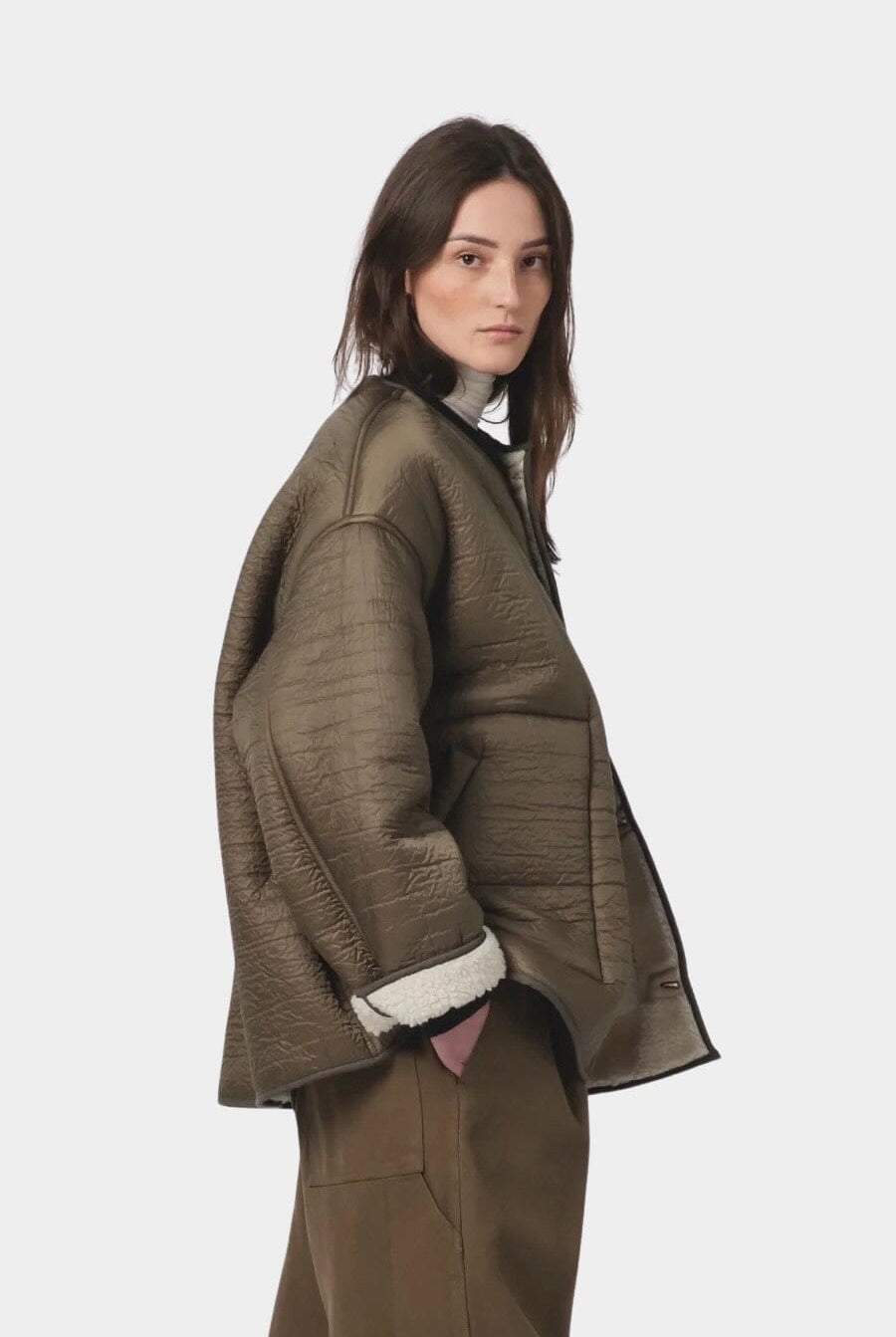 Girls Of Dust | Solar Reversible Jacket - Fossil/Off White - YUCCA Jacket & Coats, women’s clothing website.