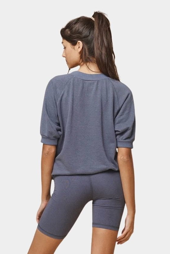 Jungmaven Short Sleeve Raglan Fleece Sweatshirt Diesel Gray relaxed unisex fit hemp fleece crewneck back view Made in USA